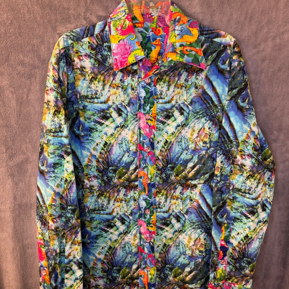 Psychedelic Abstract Seahorse Print Mens XL Custom Button Up Shirt Multi Color